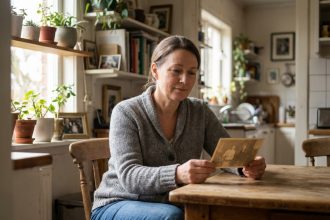 Femme d'âge moyen tenant une photo ancienne dans une cuisine lumineuse