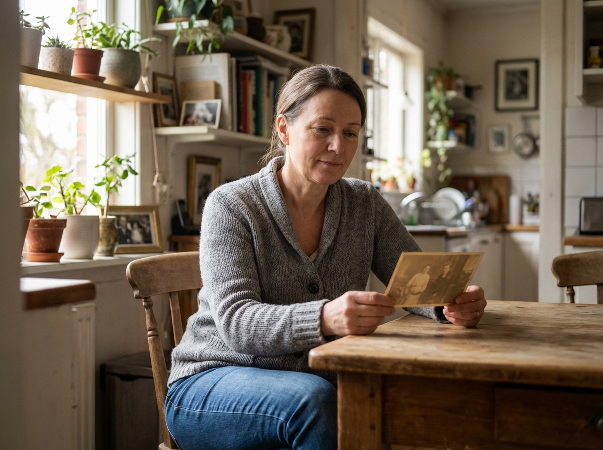 Femme d'âge moyen tenant une photo ancienne dans une cuisine lumineuse