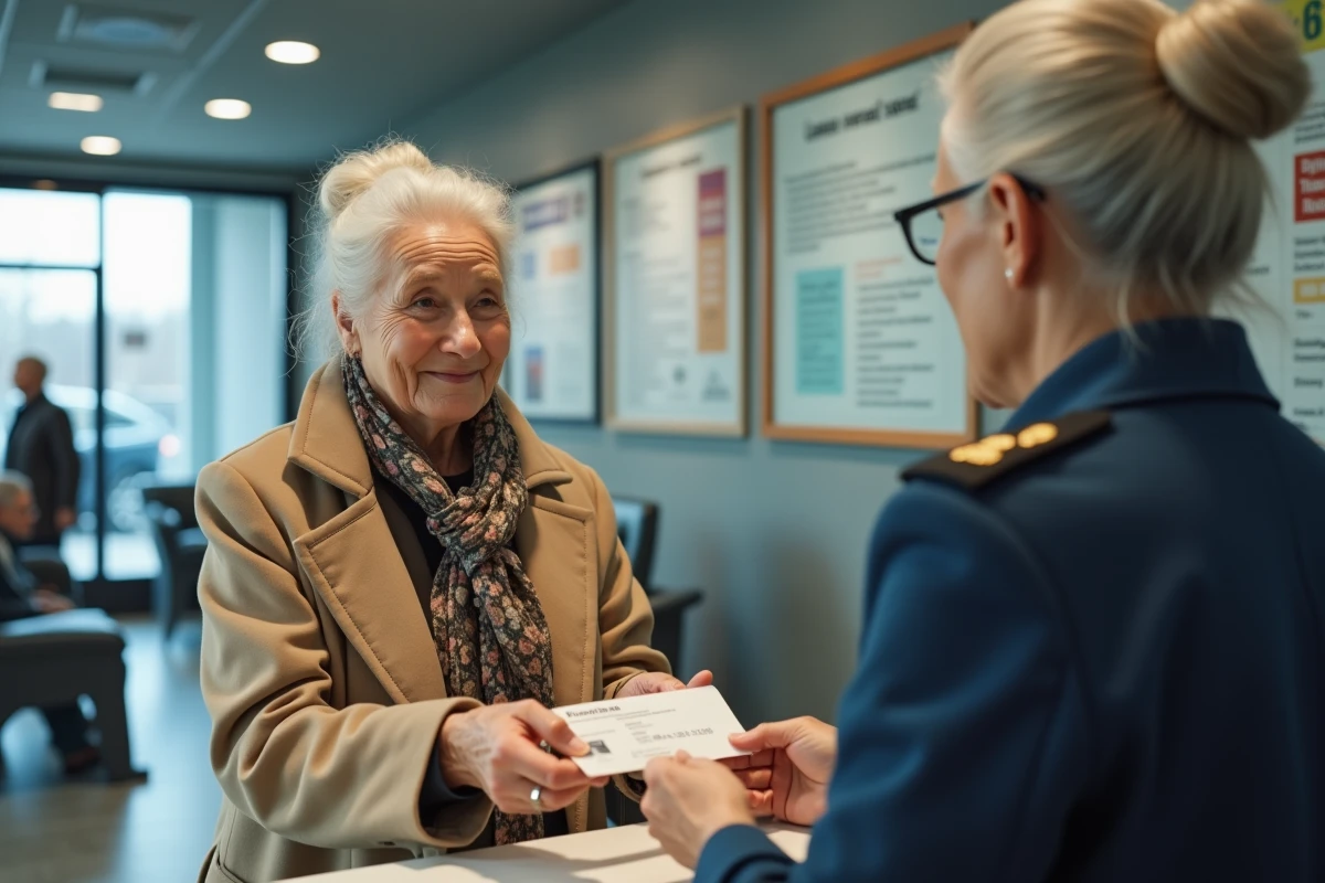 Femme âgée remettant son permis à un agent au centre de renouvellement
