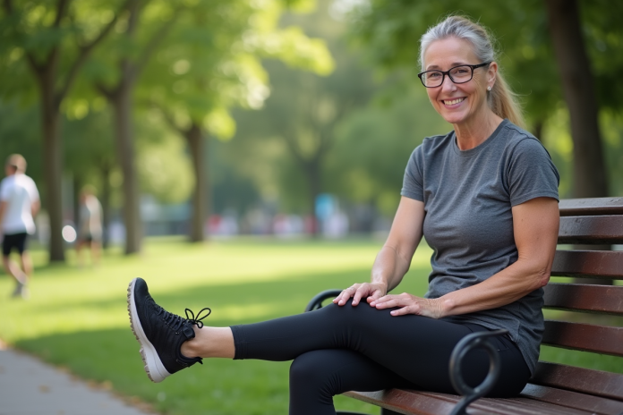 femme-repos-sportif-parc Femme souriante en détente dans un parc urbain