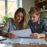 Femme responsable et adolescent lisant des documents à la maison