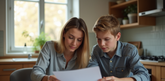 Femme responsable et adolescent lisant des documents à la maison