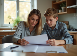 Femme responsable et adolescent lisant des documents à la maison