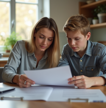 Femme responsable et adolescent lisant des documents à la maison