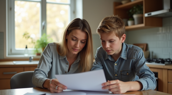 Femme responsable et adolescent lisant des documents à la maison