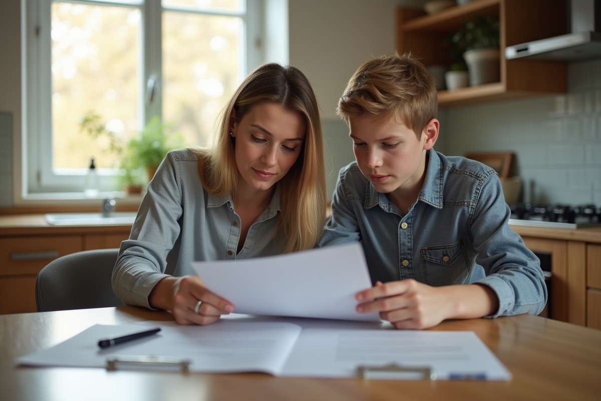 Femme responsable et adolescent lisant des documents à la maison