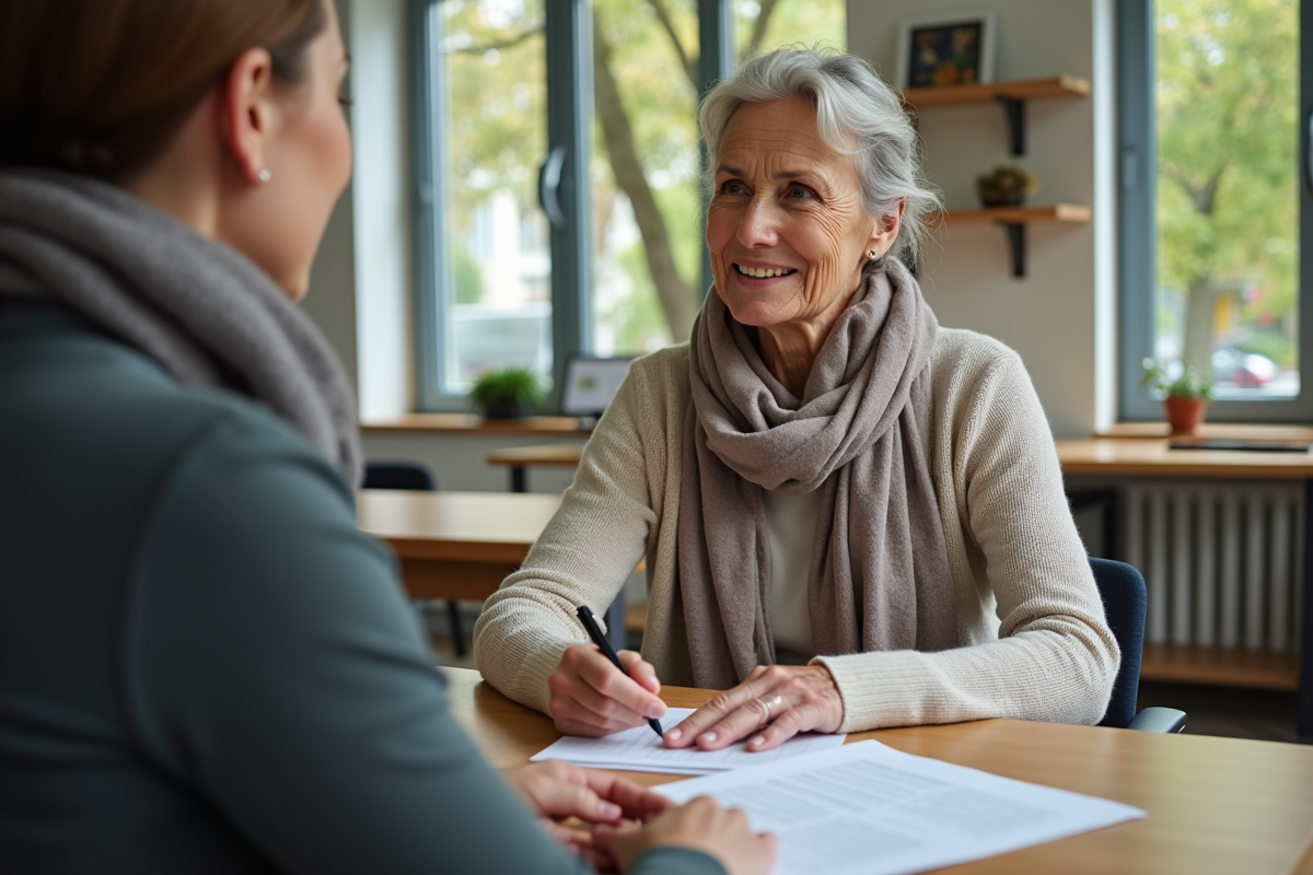Femme retraitée discutant avec conseiller dans mairie