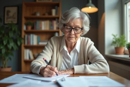 Femme âgée remplissant des formulaires de retraite à la maison