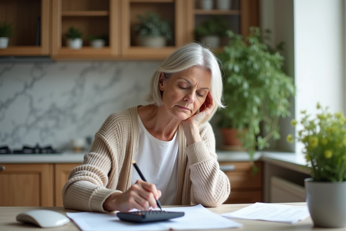 Femme retraitée examine ses documents de pension à la maison