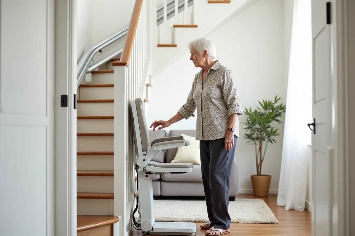 Femme retraitée examinant un monte-escalier portable replié au bas d'un escalier moderne