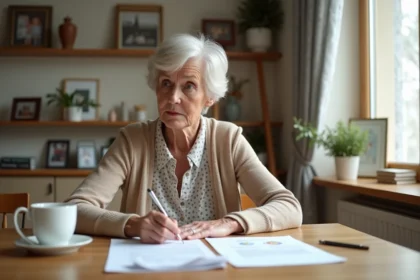 Femme retraitée étudiant ses papiers de pension à la maison