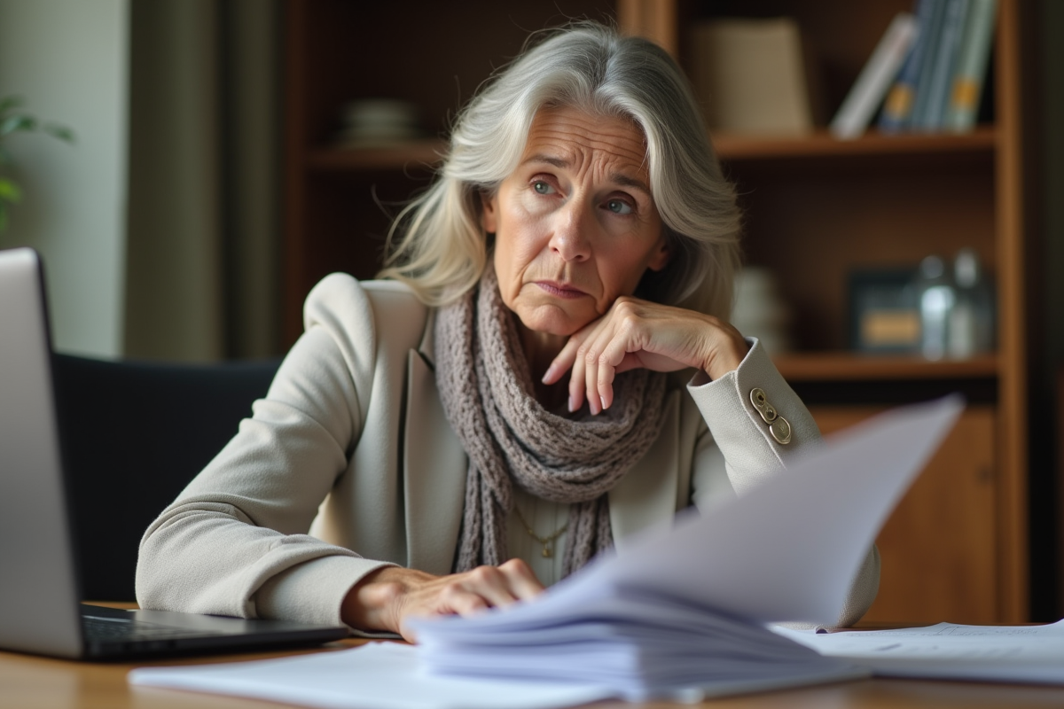 Femme d'âge moyen examine des papiers de pension à son bureau