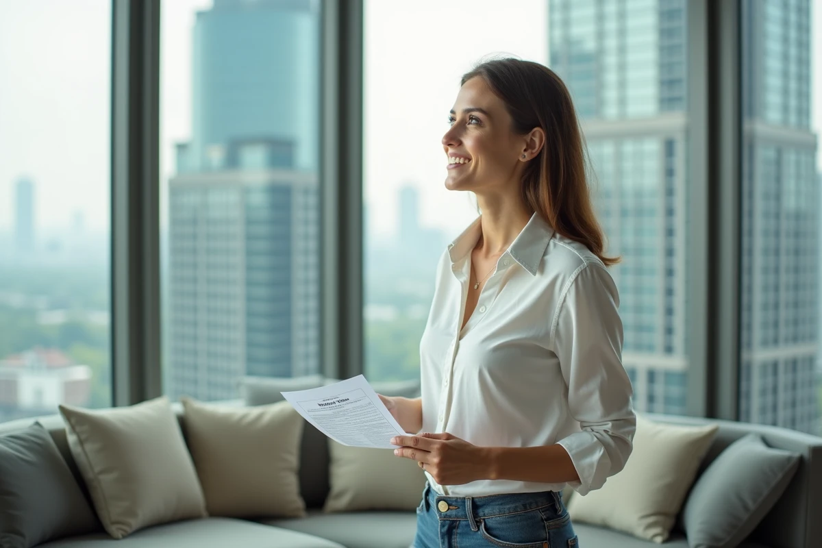 Femme souriante regarde par la fenêtre avec fiche de salaire
