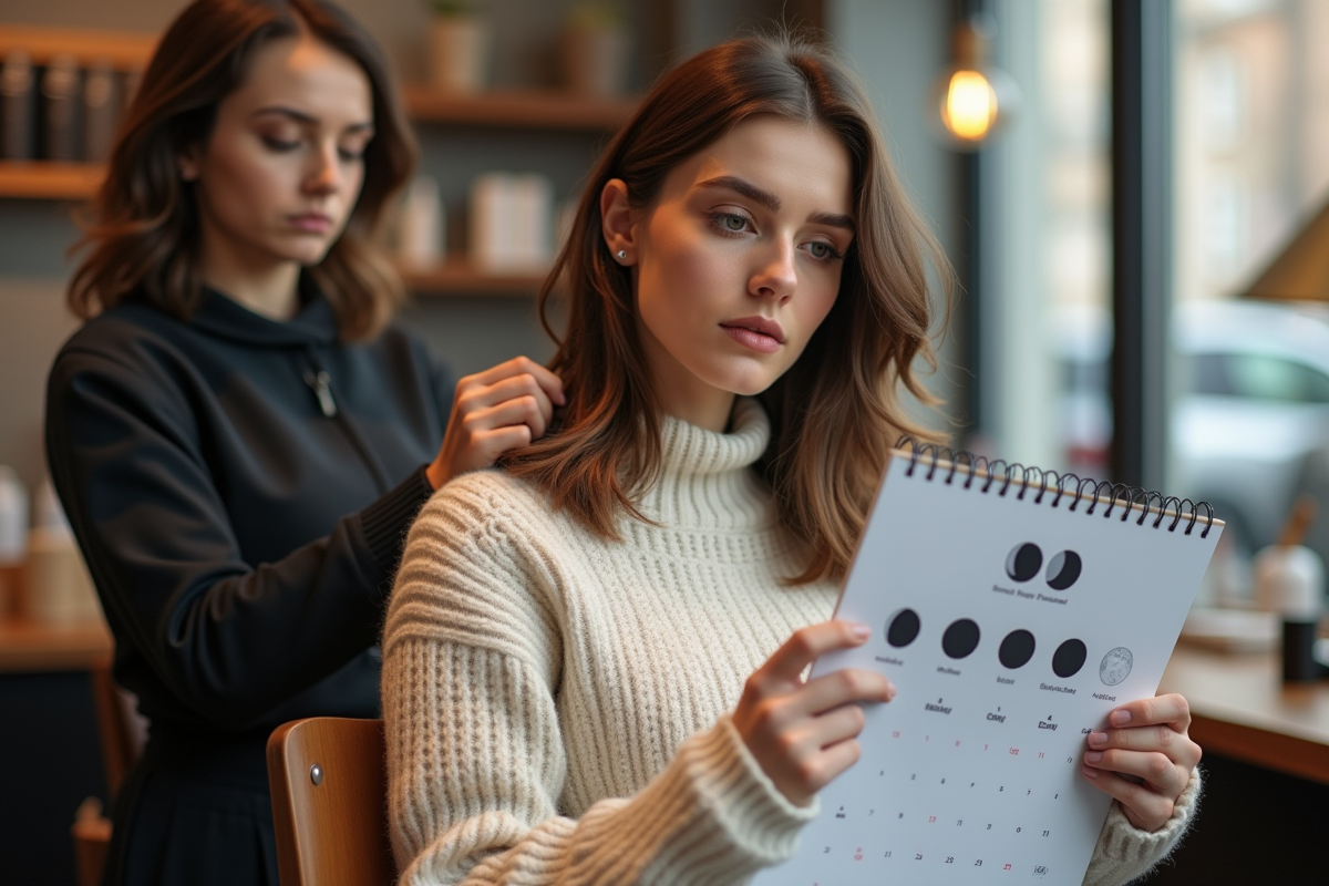 Jeune femme dans un salon de coiffure avec calendrier lunaire