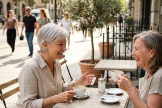 Femme de 65 ans active discutant joyeusement en terrasse de café, illustrant l'autonomie sociale grâce à une bonne audition après 60 ans