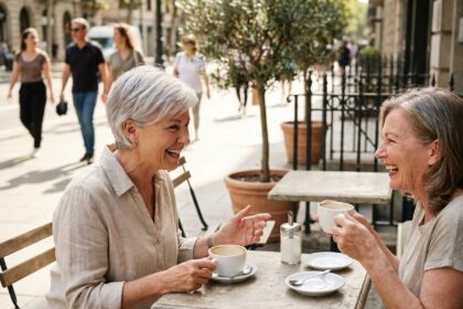 Femme de 65 ans active discutant joyeusement en terrasse de café, illustrant l'autonomie sociale grâce à une bonne audition après 60 ans