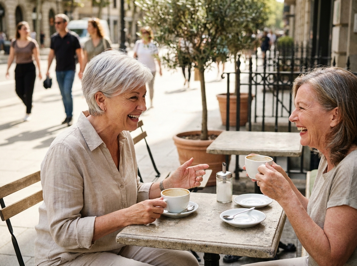 Femme de 65 ans active discutant joyeusement en terrasse de café, illustrant l'autonomie sociale grâce à une bonne audition après 60 ans