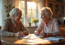 Femme senior souriante avec assistante sociale à la maison