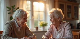 Femme senior souriante avec assistante sociale à la maison