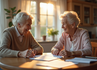 Femme senior souriante avec assistante sociale à la maison