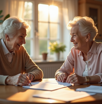 Femme senior souriante avec assistante sociale à la maison
