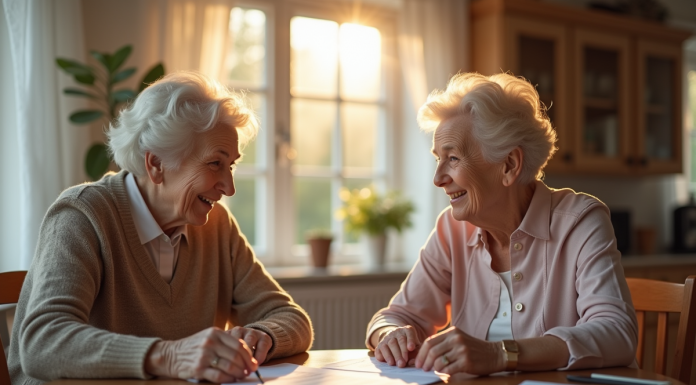 Femme senior souriante avec assistante sociale à la maison