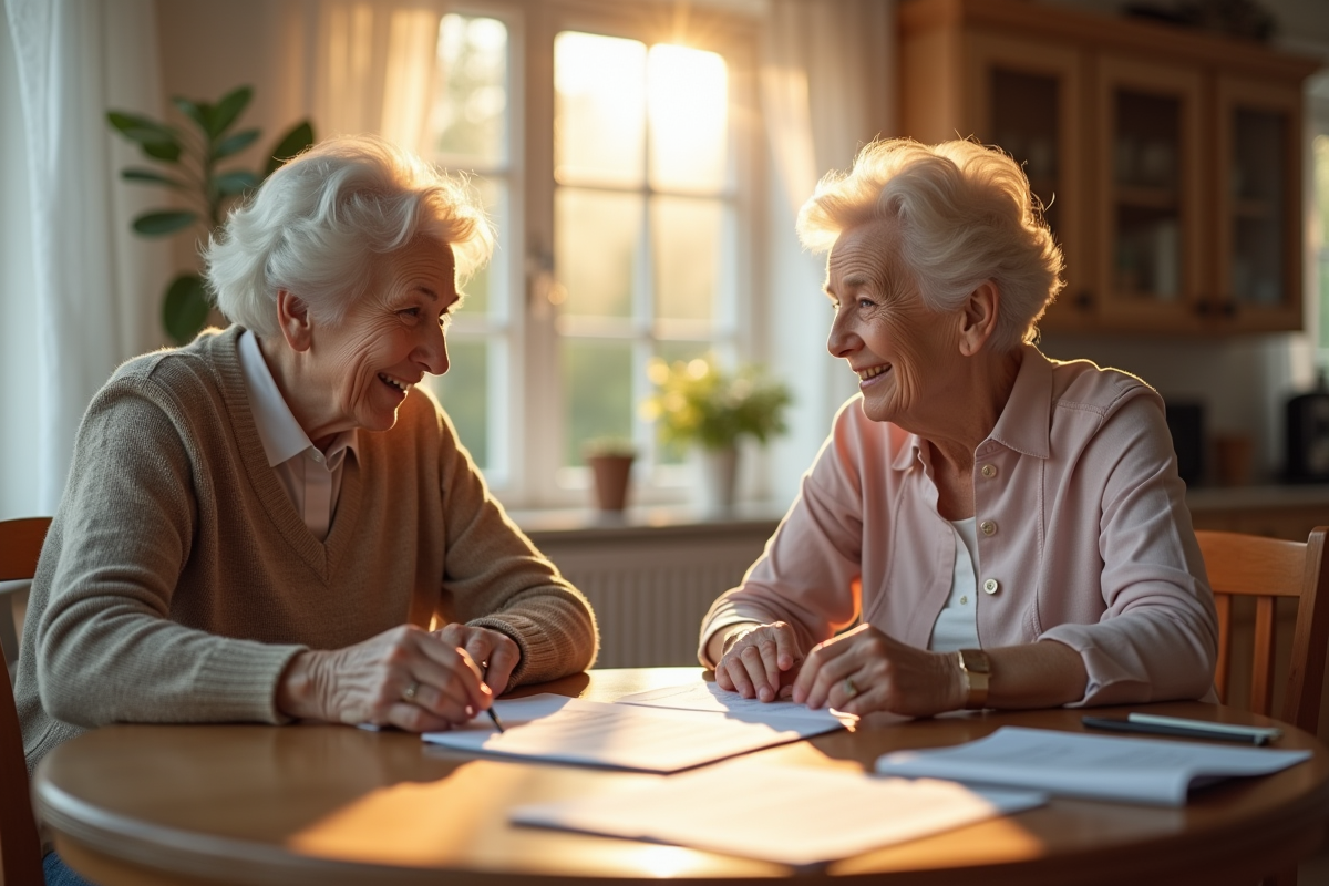 Femme senior souriante avec assistante sociale à la maison