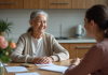 Femme âgée souriante parlant avec une assistante sociale à la maison