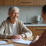 Femme âgée souriante parlant avec une assistante sociale à la maison