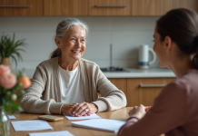 Femme âgée souriante parlant avec une assistante sociale à la maison