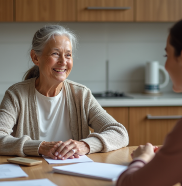 Femme âgée souriante parlant avec une assistante sociale à la maison