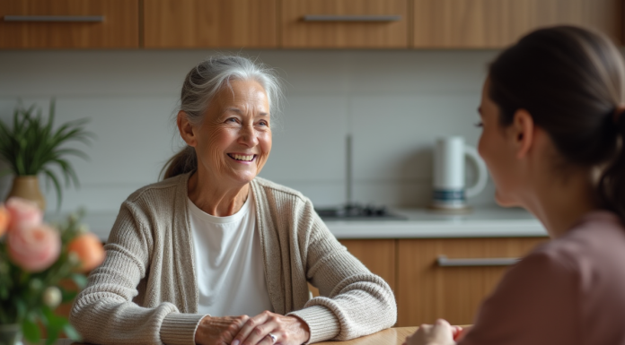 Femme âgée souriante parlant avec une assistante sociale à la maison