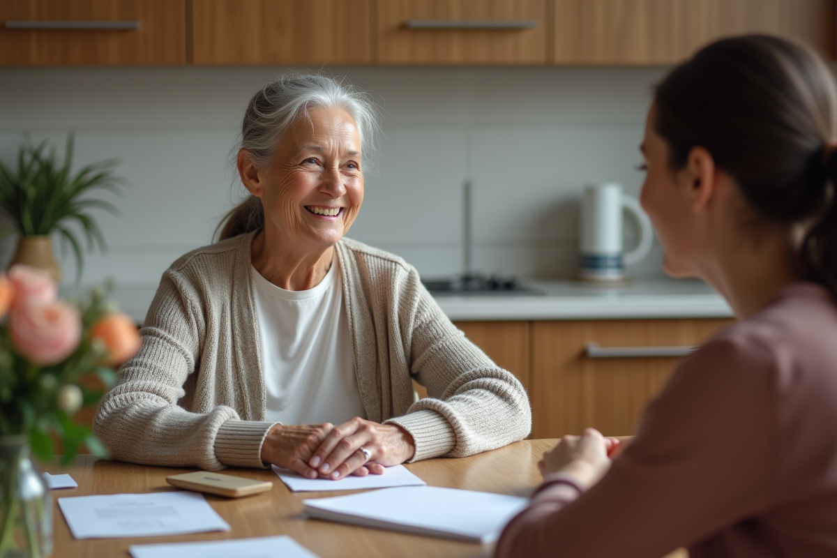 Femme âgée souriante parlant avec une assistante sociale à la maison