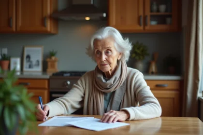 Femme senior examinant des documents dans la cuisine