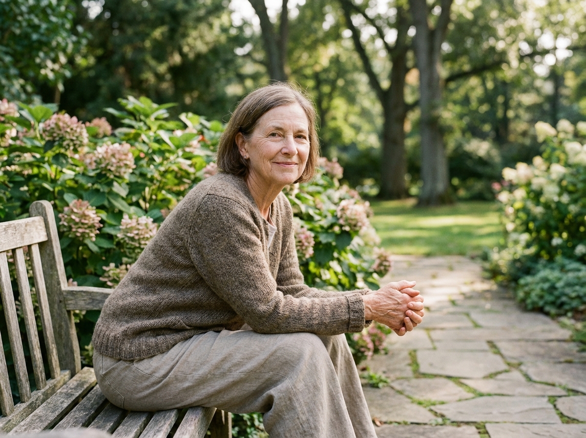 Femme senior sereine dans un jardin verdoyant