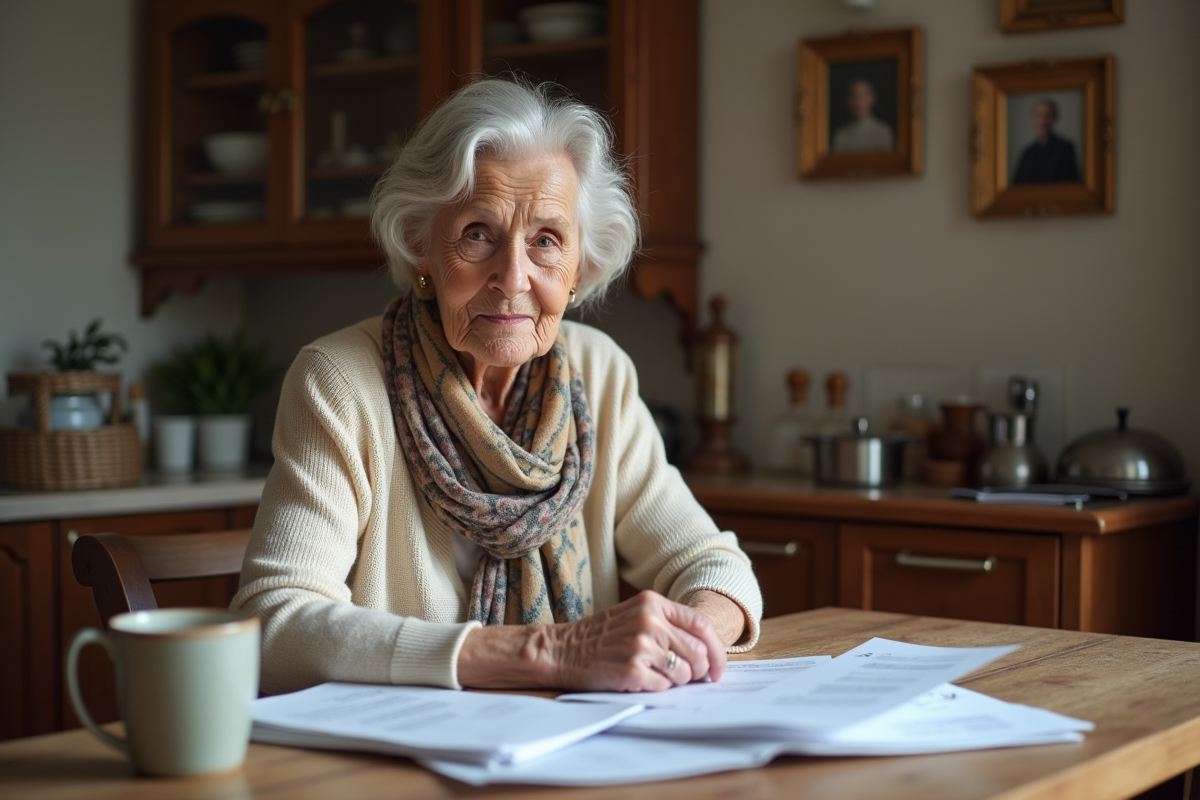 Femme senior lisant des documents dans une cuisine chaleureuse