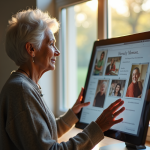 Femme senior touchant un écran de mémoire numérique