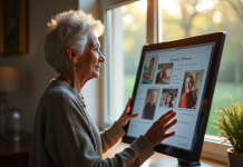 Femme senior touchant un écran de mémoire numérique