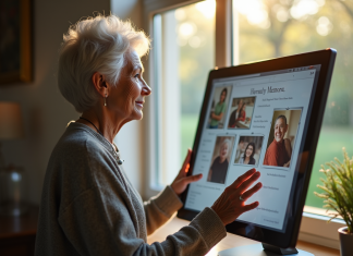 Femme senior touchant un écran de mémoire numérique