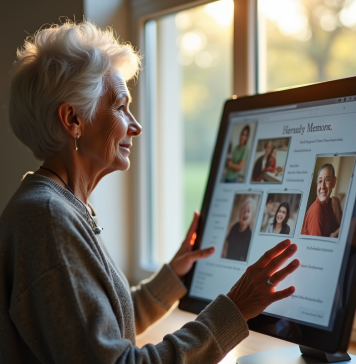 Femme senior touchant un écran de mémoire numérique