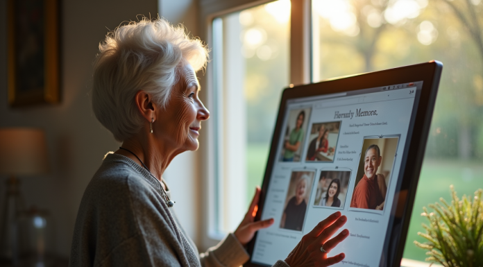 Femme senior touchant un écran de mémoire numérique