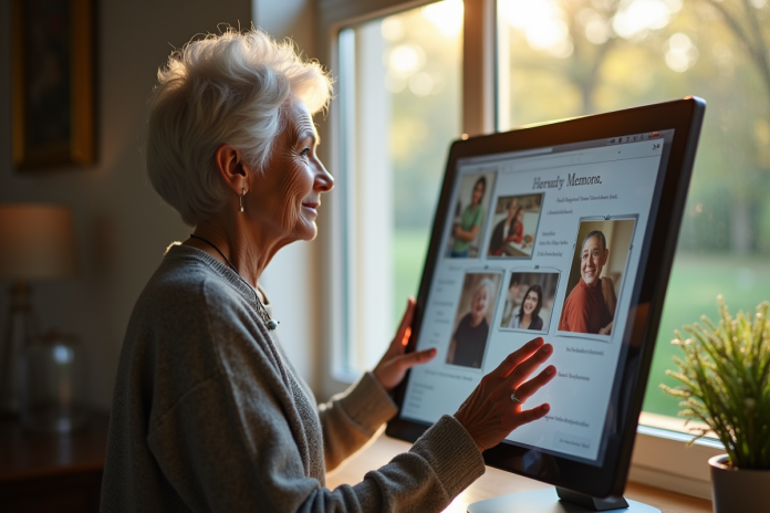 femme-senior-memoire-digitale Femme senior touchant un écran de mémoire numérique