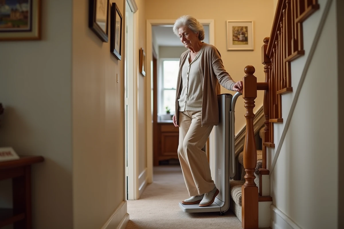 Femme senior utilisant un monte-escalier portable sans installation dans une maison individuelle