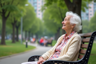 Femme âgée assise sur un banc dans un parc urbain