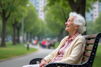 Femme âgée assise sur un banc dans un parc urbain