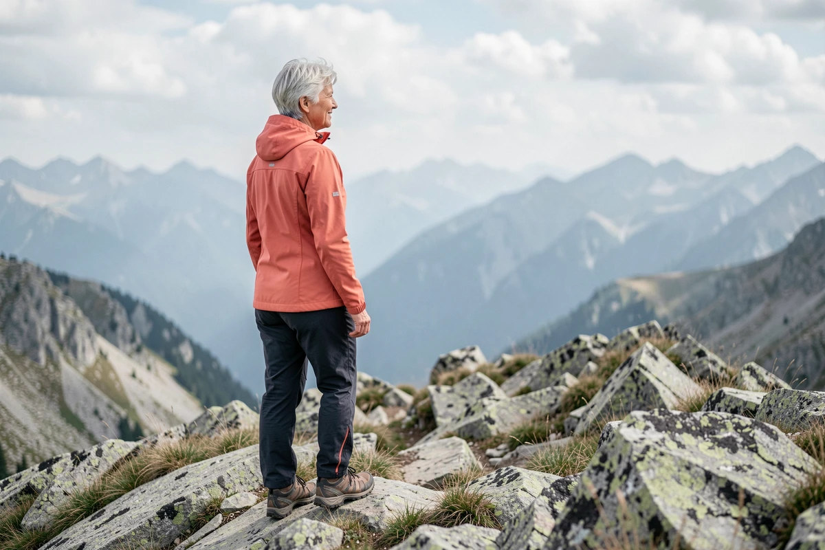 Femme senior célibataire observant un panorama de montagne lors d'une randonnée en altitude, expression sereine et confiante