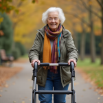 Déambulateur d’extérieur vs déambulateur d’intérieur : différence et usages Femme senior souriante utilisant un rollator en parc automnal