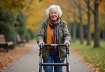 Déambulateur d’extérieur vs déambulateur d’intérieur : différence et usages Femme senior souriante utilisant un rollator en parc automnal