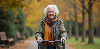 Déambulateur d’extérieur vs déambulateur d’intérieur : différence et usages Femme senior souriante utilisant un rollator en parc automnal
