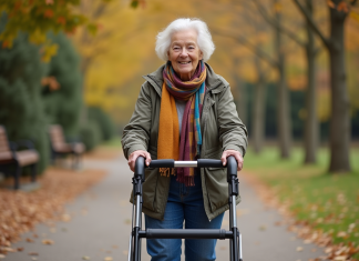 Déambulateur d’extérieur vs déambulateur d’intérieur : différence et usages Femme senior souriante utilisant un rollator en parc automnal
